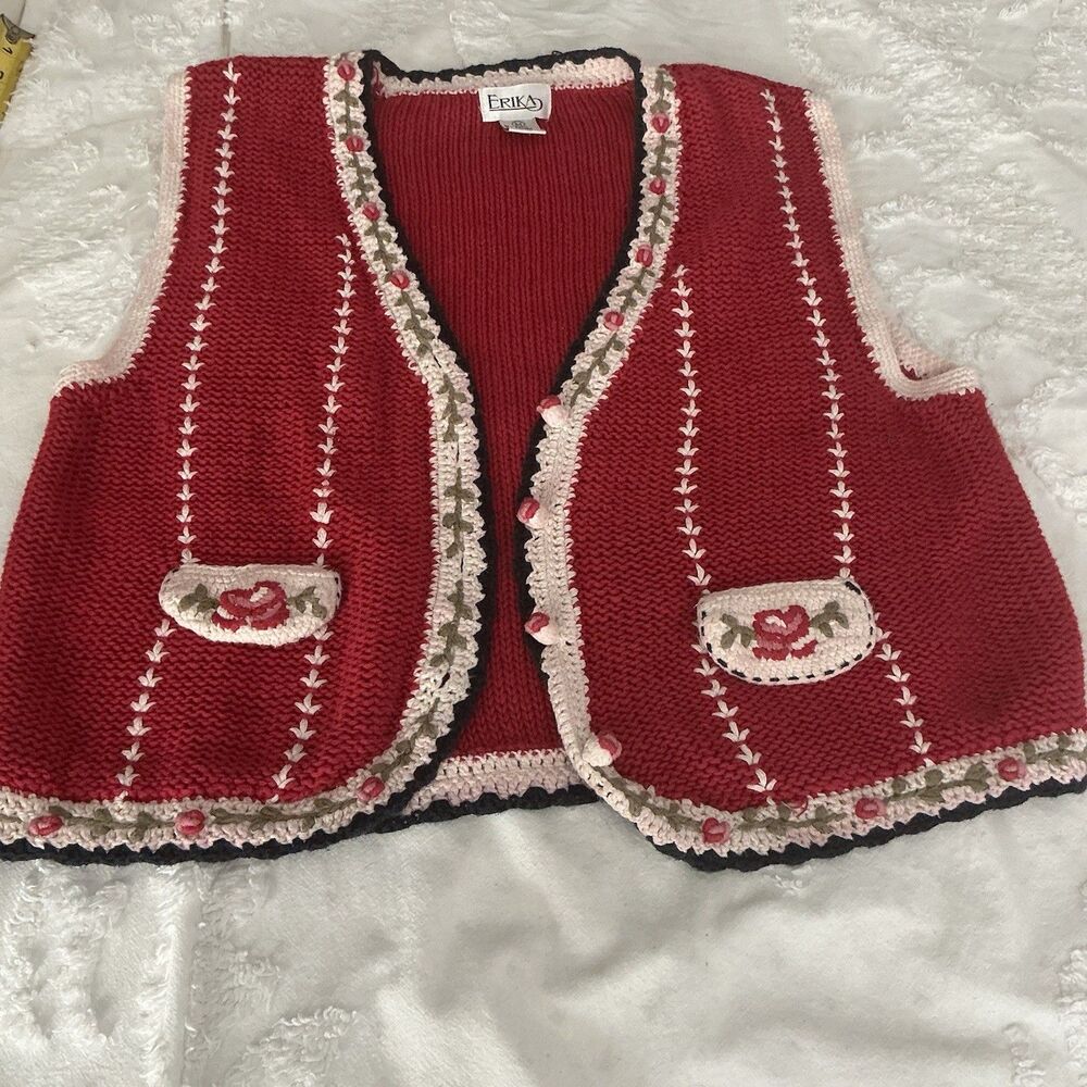Erika Vintage Knit Vest Womens Medium Red Floral Cottagecore Sweater